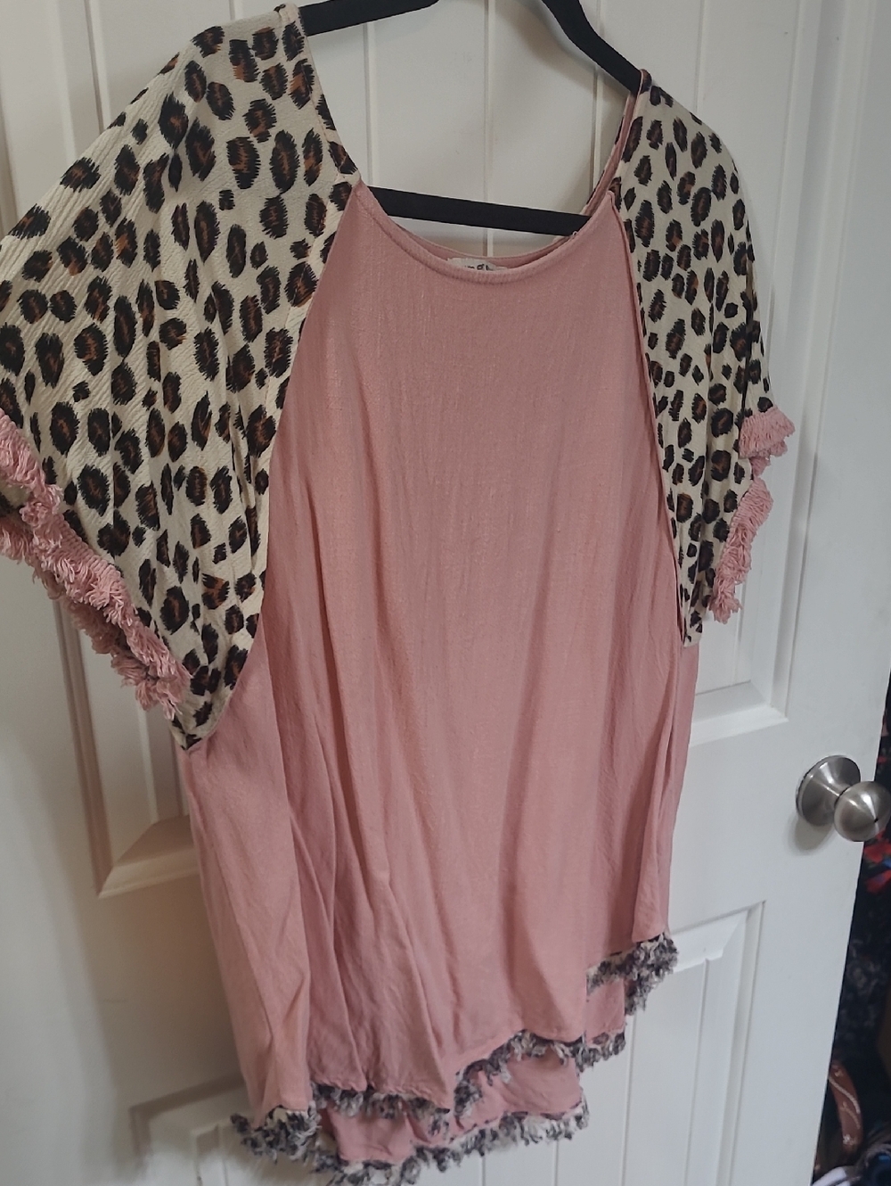 Umgee L Pink Tunic with Leopard Print Sleeves and Fringe